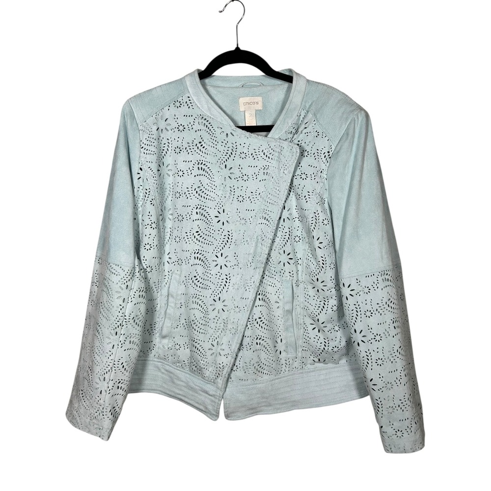 Chicos Womens Laser Cut Eyelet Faux Suede‎ Moto Zip Jacket Sz 2 Large Light Blue